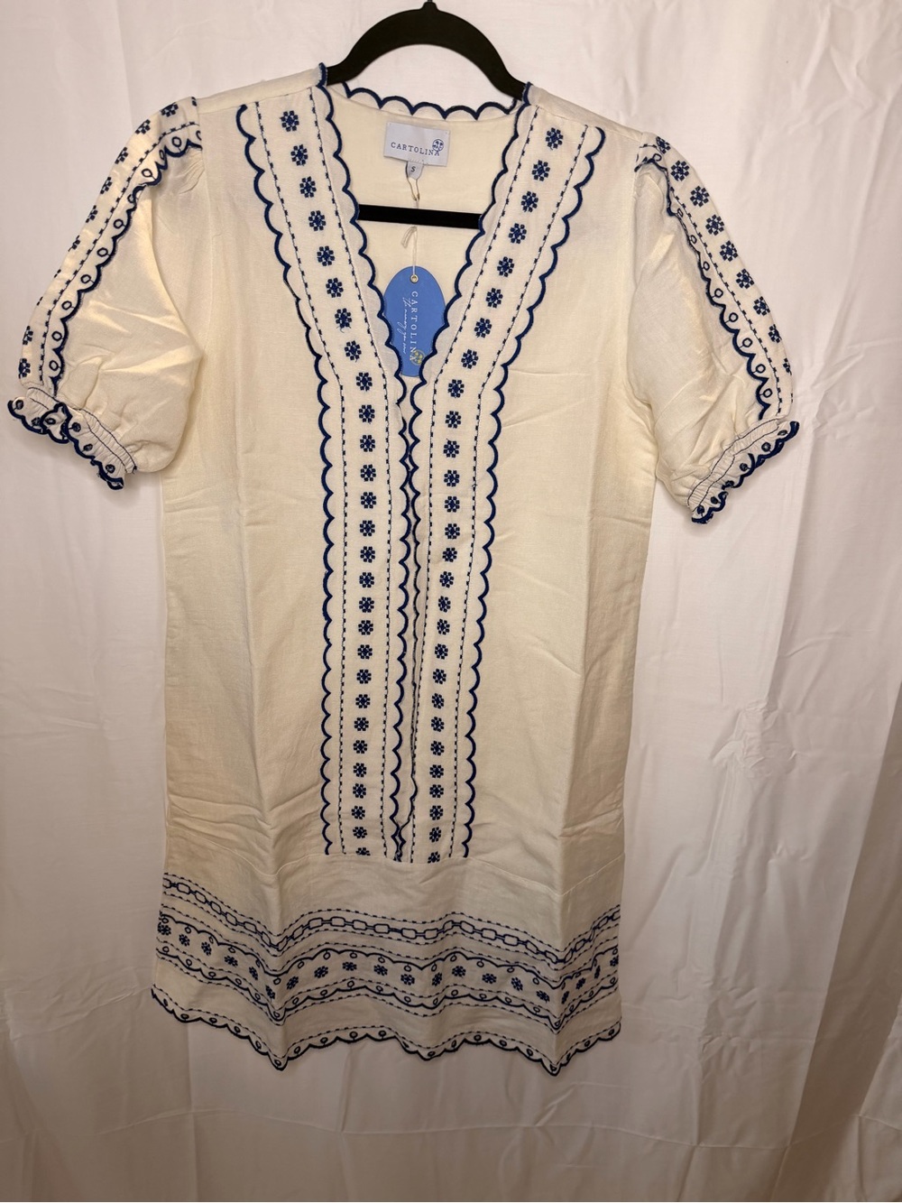 Cartolina Ivory Midi Dress with Navy Embroidered Trim